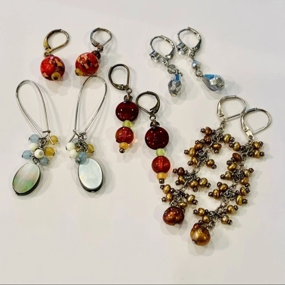 5 pair lot nice quality lever back genuine Pearl dangle rhinestone crystal